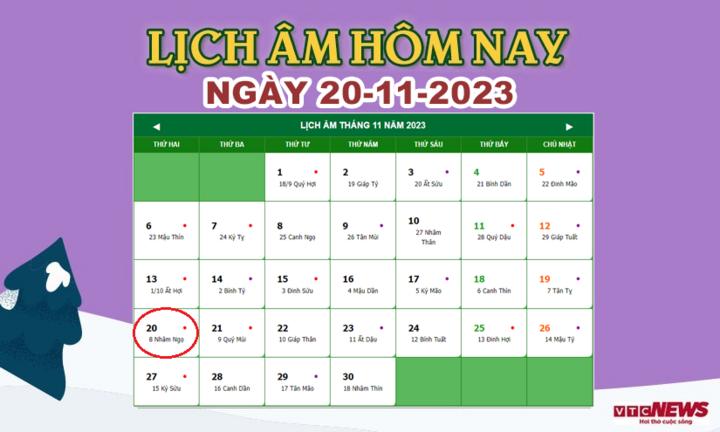 Xem lịch âm hôm nay ngày 20/11/2023.