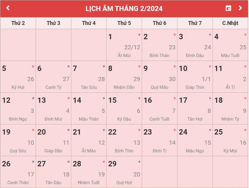 Lịch âm tháng 02/2024