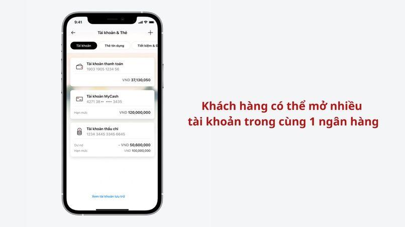 Giao diện hiển thị nhiều tài khoản trong cùng 1 ngân hàng